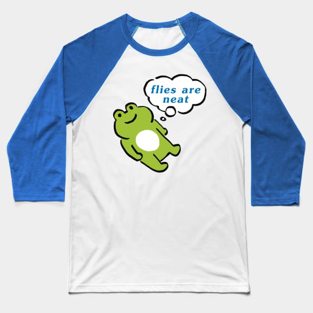 kawaii cute green frog contemplating life / flies are neat text Baseball T-Shirt by mudwizard